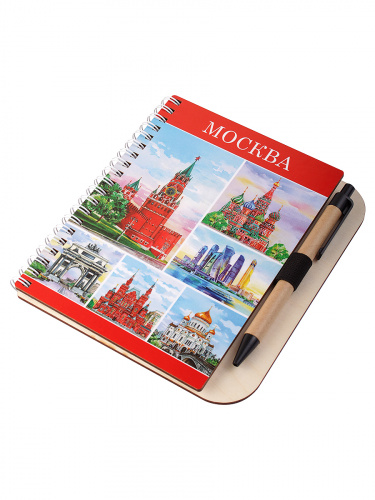 Блокнот деревянный с ручкой "Москва. Коллаж", на пружине, 125х172 мм фото 3