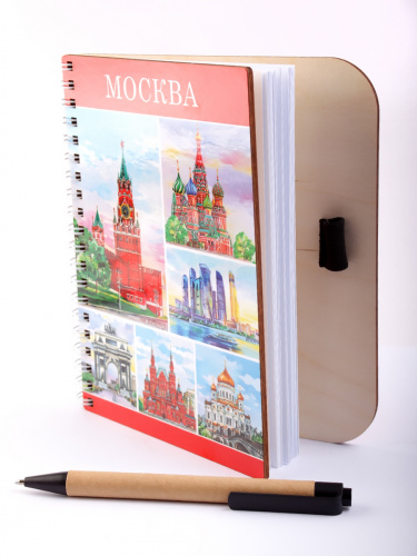 Блокнот деревянный с ручкой "Москва. Коллаж", на пружине, 125х172 мм фото 4