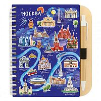 Блокнот деревянный с ручкой "Москва. Карта ночного города", на пружине, 147х171 мм